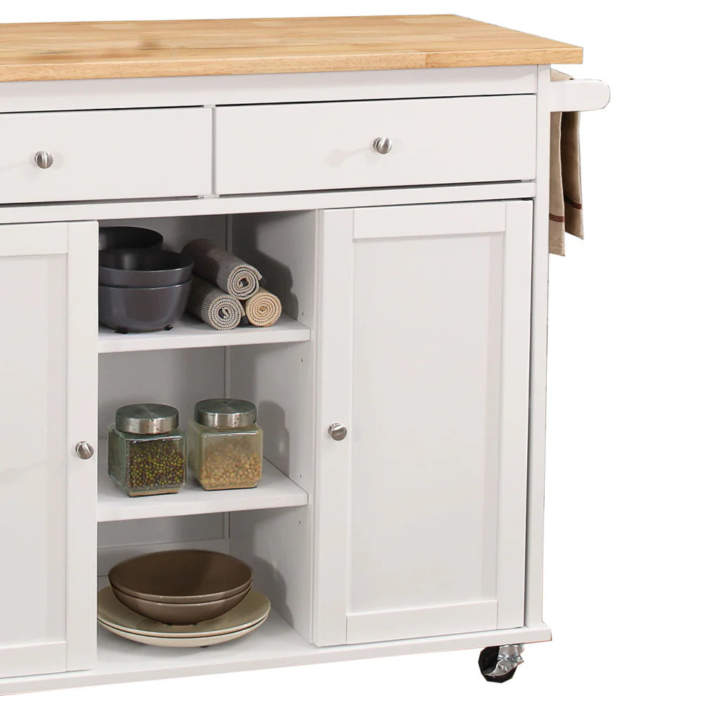 Benzara Wood Kitchen Cart, 2 Door Cabinet, Natural Brown, White