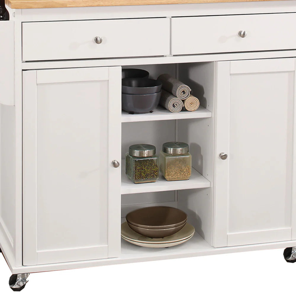 Benzara Wood Kitchen Cart, 2 Door Cabinet, Natural Brown, White