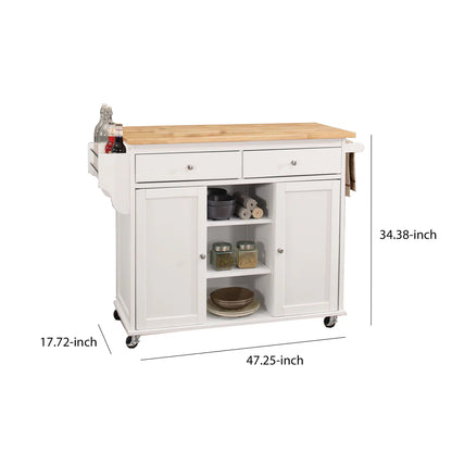 Benzara Wood Kitchen Cart, 2 Door Cabinet, Natural Brown, White