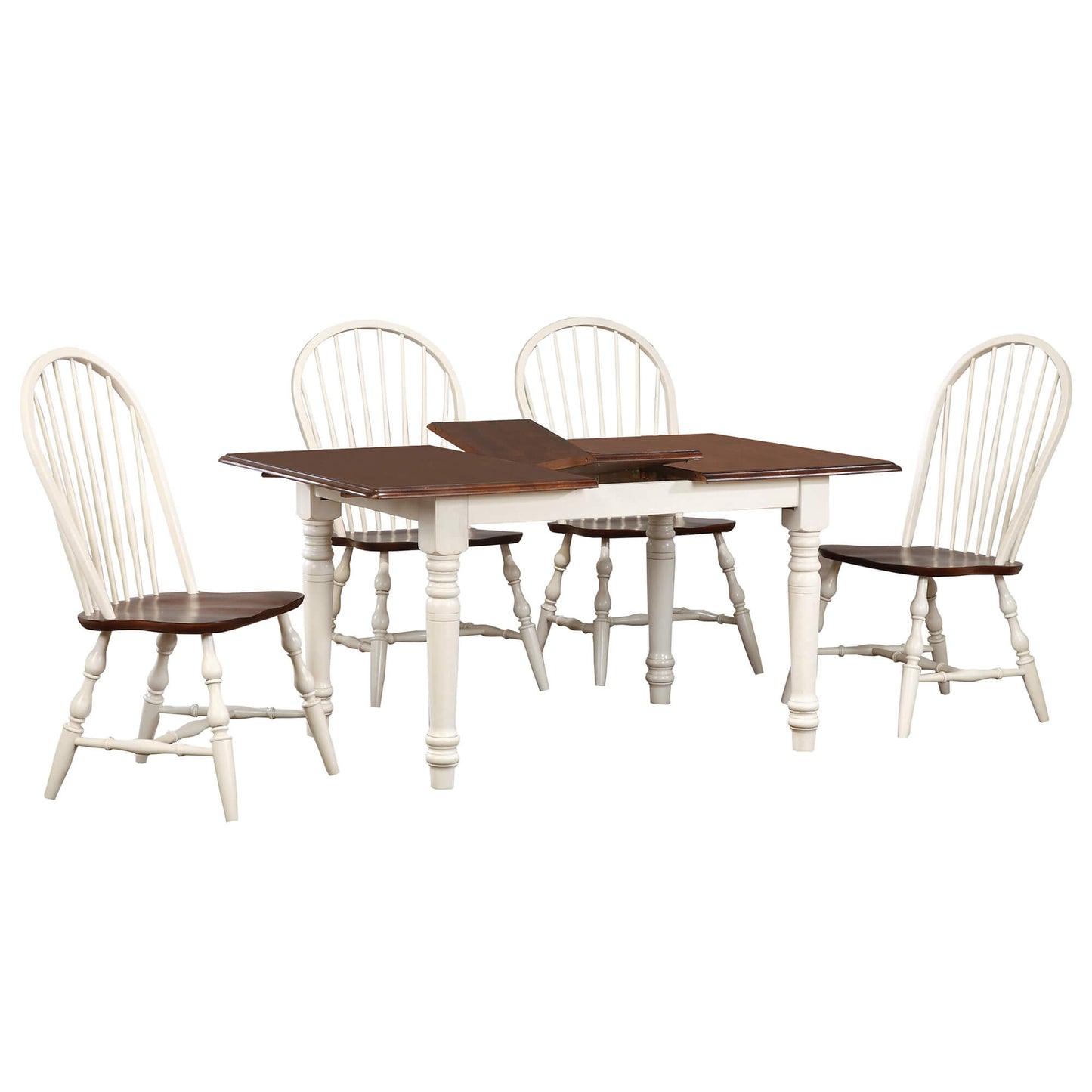 Sunset Trading Andrews Butterfly Leaf 5 PC Dining Set with Windsor Spindleback Chairs – Antique White & Chestnut