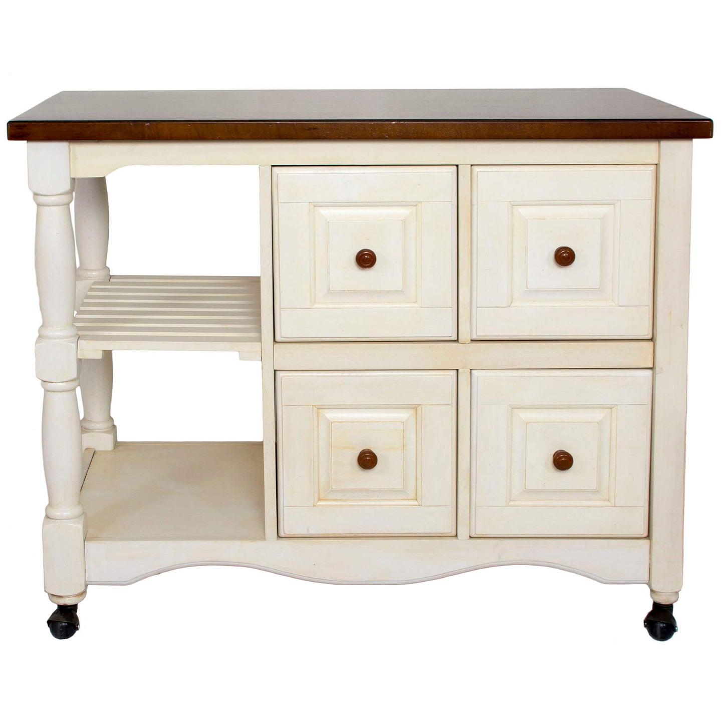 Sunset Trading Andrews 4 Drawer Kitchen Cart – Antique White & Chestnut