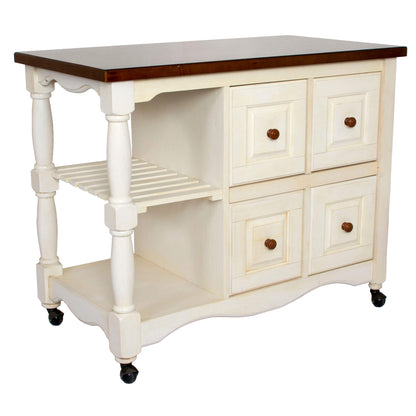 Sunset Trading Andrews 4 Drawer Kitchen Cart – Antique White & Chestnut