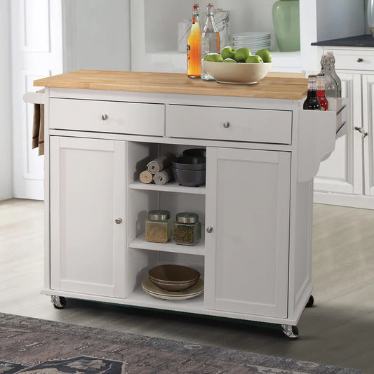 Benzara Wood Kitchen Cart, 2 Door Cabinet, Natural Brown, White