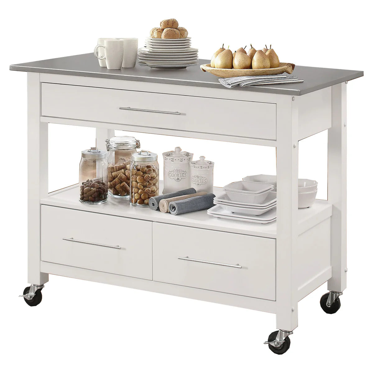 Benzara Kitchen Cart With Stainless Steel Top, Gray & White