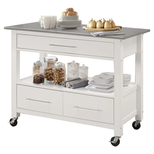 Kitchen Cart With Stainless Steel Top, Gray & White