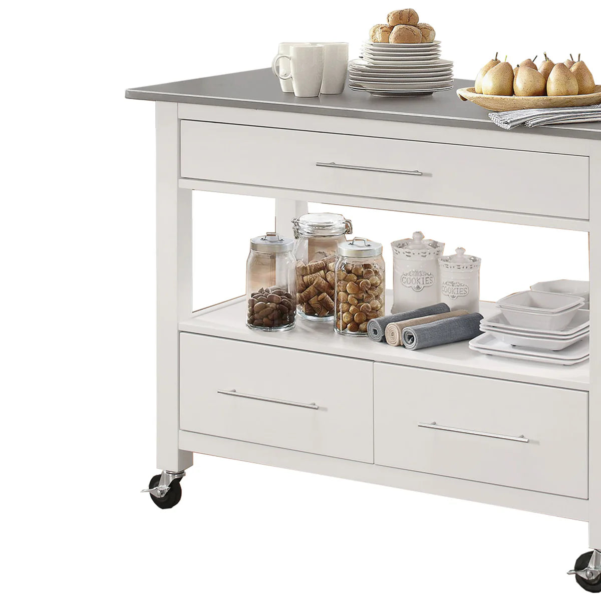 Benzara Kitchen Cart With Stainless Steel Top, Gray & White