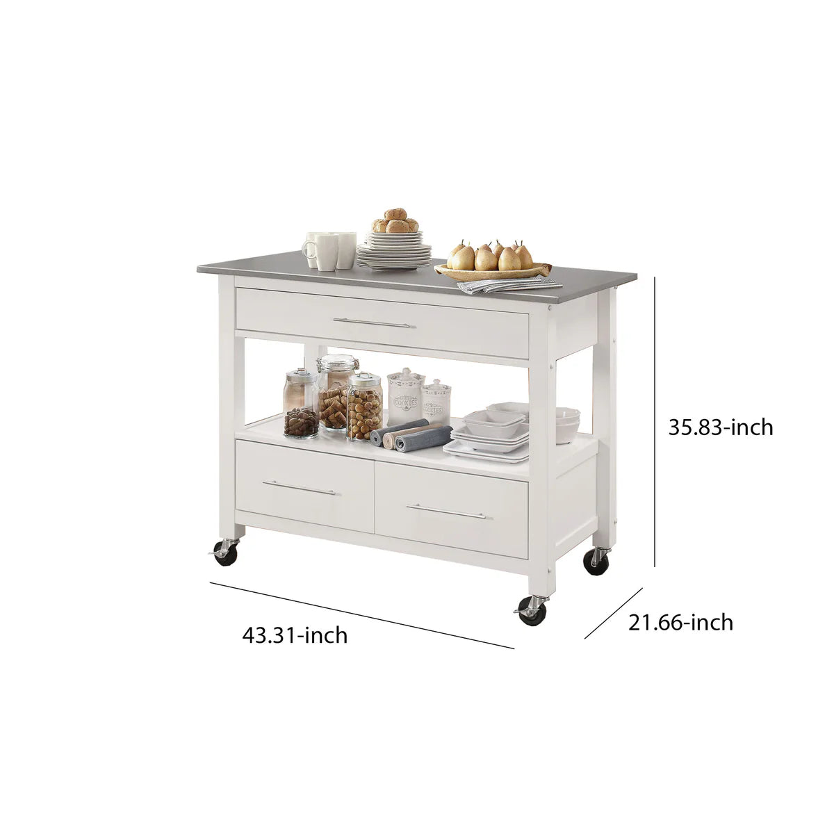 Benzara Kitchen Cart With Stainless Steel Top, Gray & White