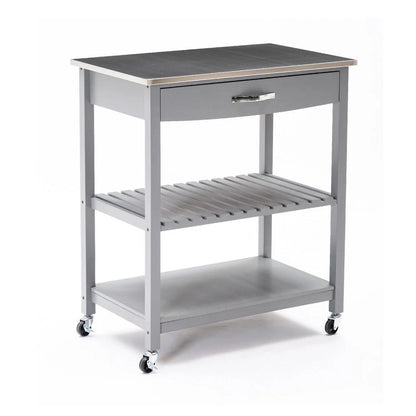 Benzara 38 Inch 2 Tier Kitchen Cart Island, Shelf, Steel Top, Lock Casters, Gray