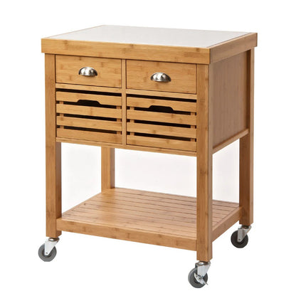 Benzara 36 Inch Bamboo Kitchen Cart Island, 2 Drawers, Stainless Steel Top, Brown