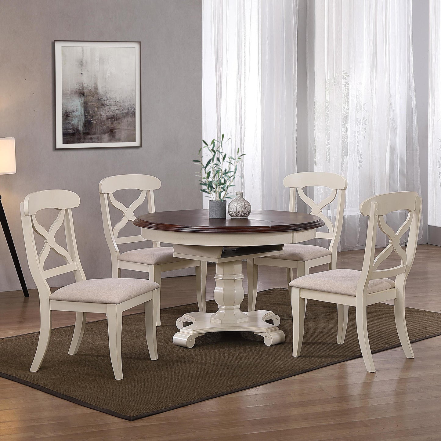 Andrews Butterfly Leaf Round Table with X Back Chairs – Antique White & Chestnut (5 Piece Set)