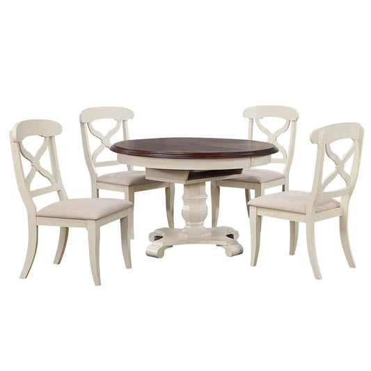 Sunset Trading Andrews Butterfly Leaf Round Table with X Back Chairs – Antique White & Chestnut (5 Piece Set)