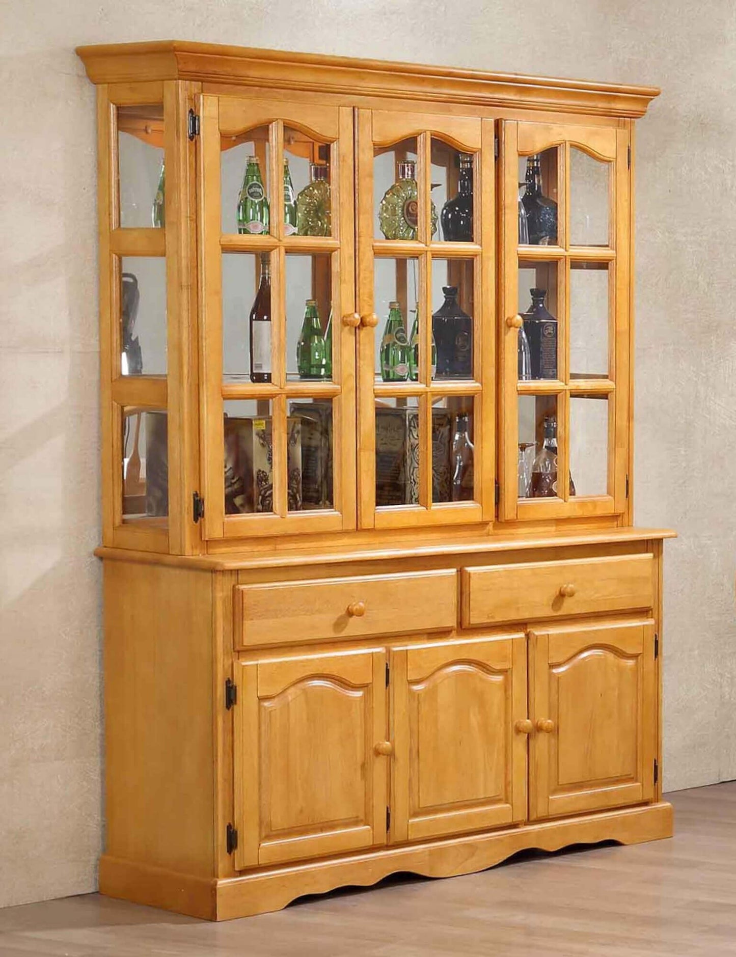 Sunset Trading 3 Door Buffet and Lighted Hutch – Light Oak