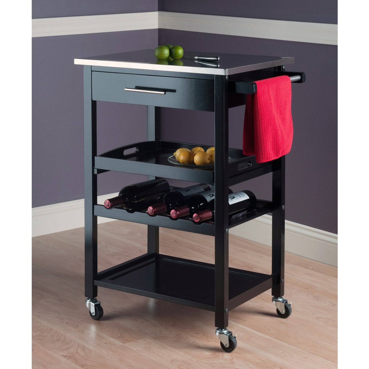 Winsome Anthony Portable Kitchen Cart with Stainless Steel Top - Black