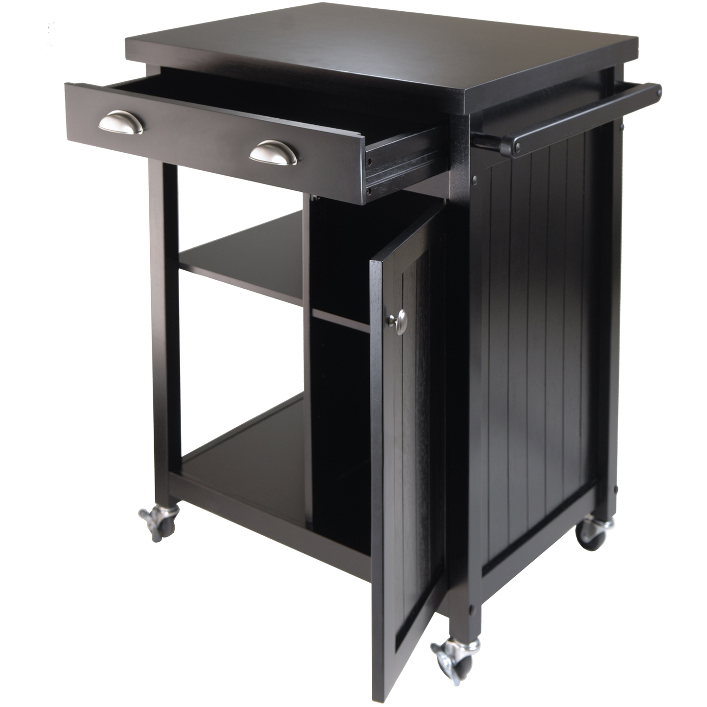 Winsome Timber Kitchen Cart with Wheels and Wainscot Panel - Black -  - 2