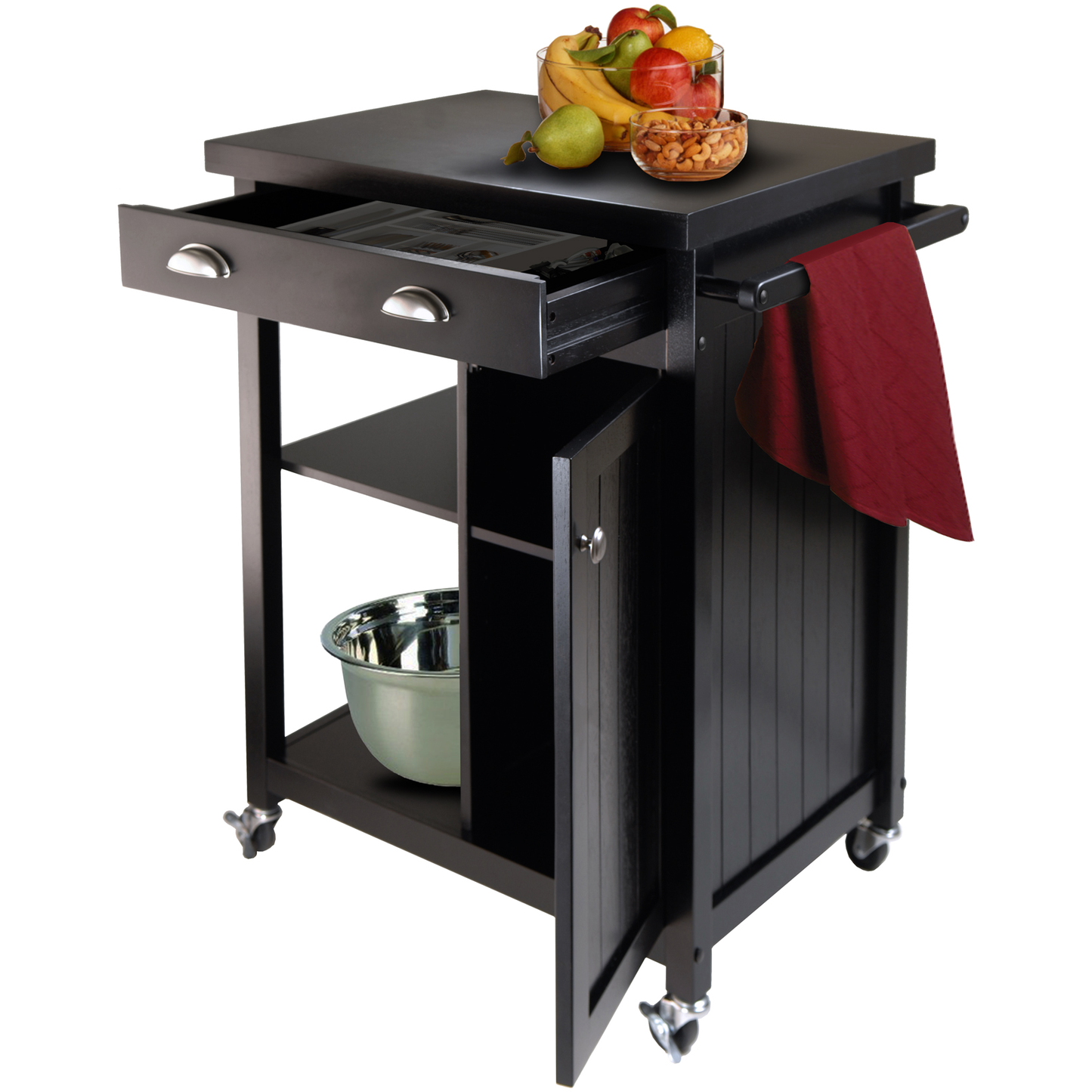 Winsome Timber Kitchen Cart with Wheels and Wainscot Panel - Black -  - 3